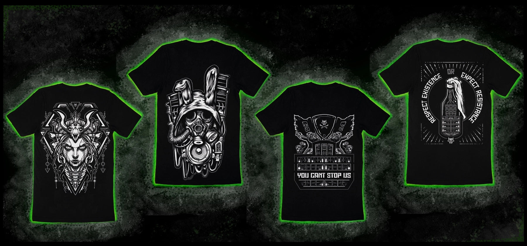 Shows 4 Tekno tshirts with tekno23 typical designs. First is a cyberpunk witch t shirt related to a czechtekno freeparty. second is a steampunk freetekno bunny with a speaker and soundsytsem arround. last 2 show teknival typical soundsystems designs