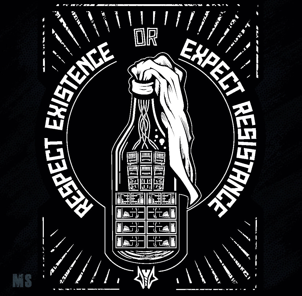 Design for Tekno 23 Clothes, shows a Molotov cocktails out of a freetekno soundsystem and the slogan "respect existence or expect resistance"