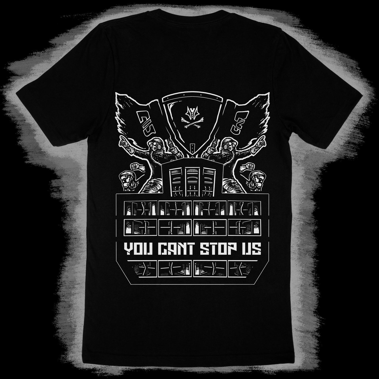 Tekno 23 tshirt, shows freetekno soundsytem with a 23 flag and raver on top. text says "you cant stop us" because you cant stop the rave