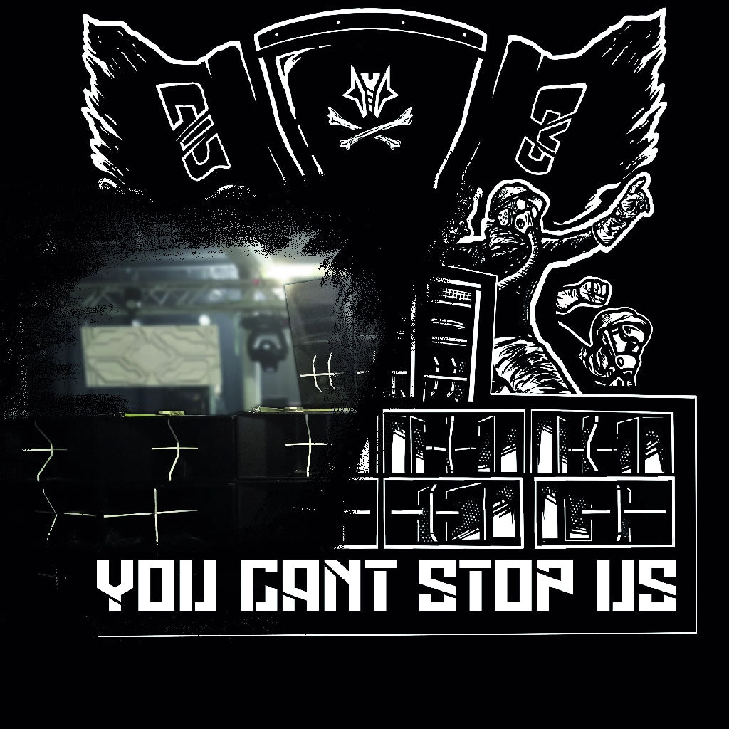 tekno clothing design including a freetekno soundsystem, and tekno23 typical people on top of the speakers waving a 23 pirate flag. symbolizes tekno pirates. underneath is the text you cant stop us which means you cant stop ravepartys, teknivals or tekno